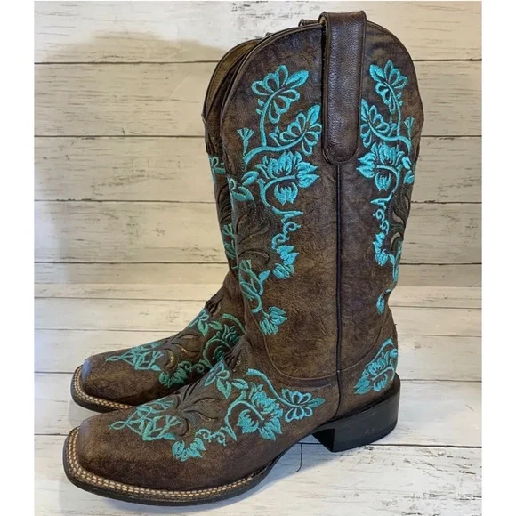 Cavender's Embroidered Square Toe Western Boots Sz 8.5B - Picture 4 of 12